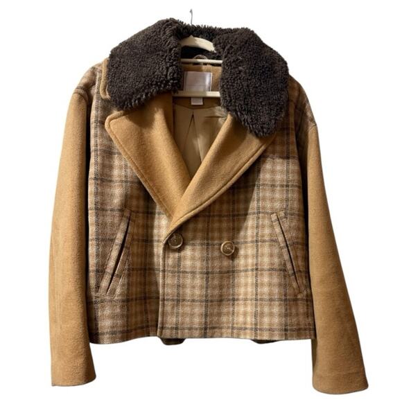 Rachel Parcell Double Breasted Jacket Faux Sherpa Fur Collar Plaid - Picture 9 of 10